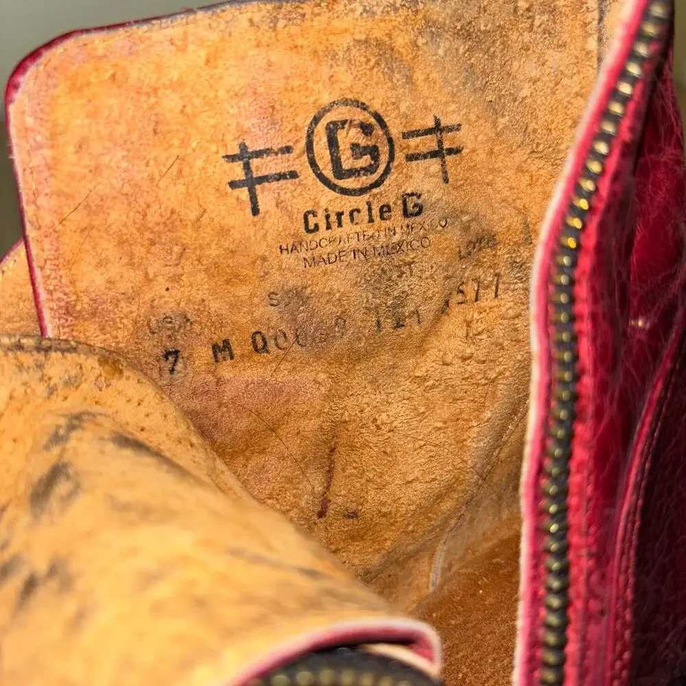 Circle G Women’s 7 Red Leather Ankle Boots Western Buckle Booties Made In Mexico - Picture 9 of 9